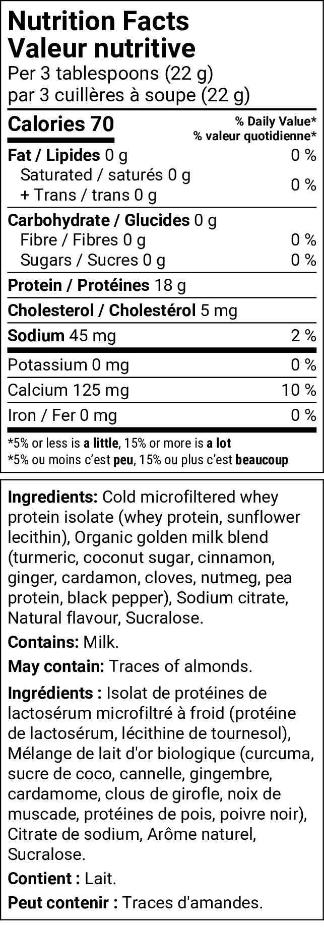 A black-and-white Nutrition Facts label in French and English, showing calories, nutrients, ingredients, and allergen information for a milk-based protein powder product.