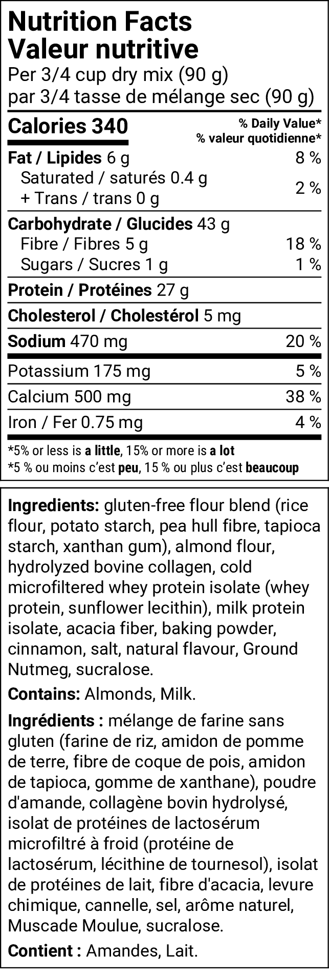 A vertical Nutrition Facts label for holiday spice pancakes showing nutritional information and ingredients for a gluten-free flour blend. The label details calories, fats, proteins, carbohydrates, and lists ingredients such as rice flour, potato starch, pea flour, and honeyvee collagen.