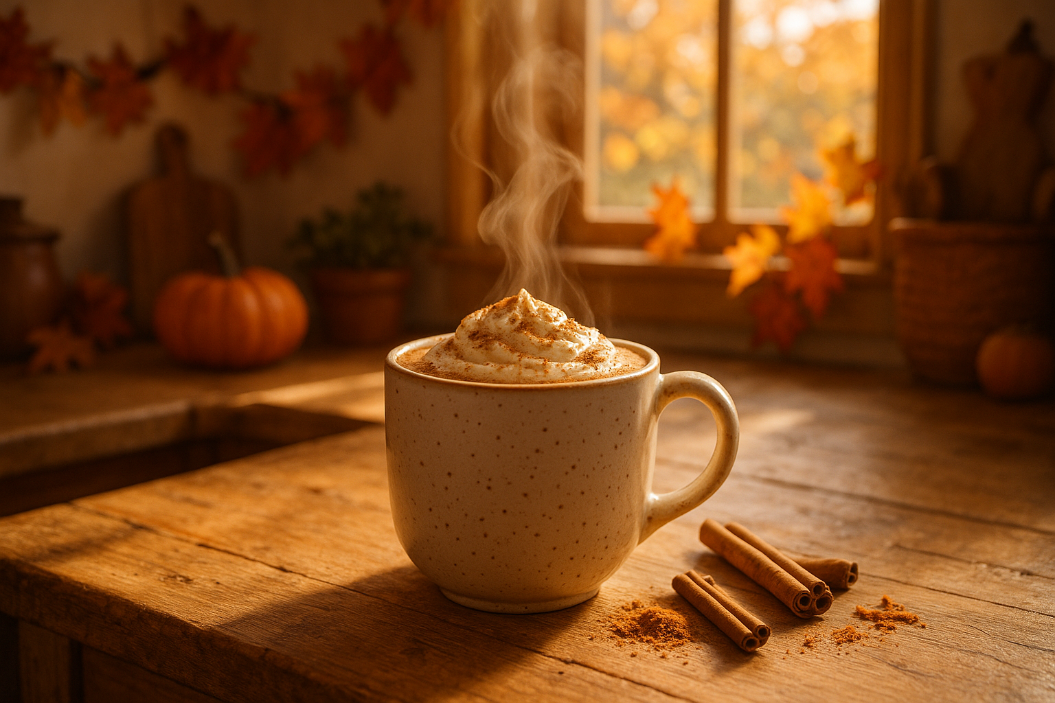 pumpkin spice latte in a warm fall sunlit kitchen