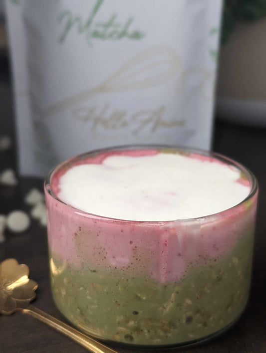 Strawberry Matcha Protein Overnight Oats with Cream Cheese Magic Shell