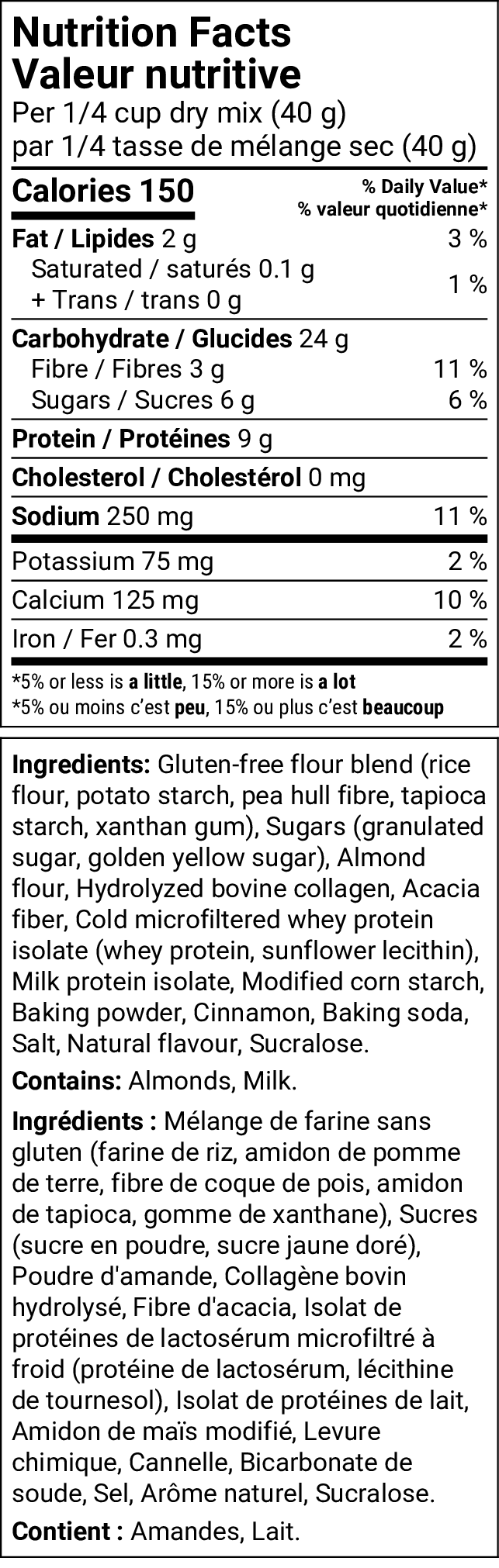 A Nutrition Facts label for a gluten-free, protein banana bread showing nutritional values and ingredients in French and English on a white background.