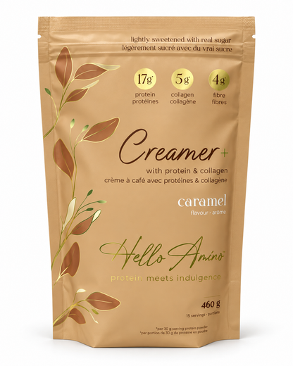 A 460g stand-up pouch of Hello Amino Creamer+ with protein and collagen, in caramel flavor. The packaging is a warm tan color with gold leaf illustrations and black and gold text.