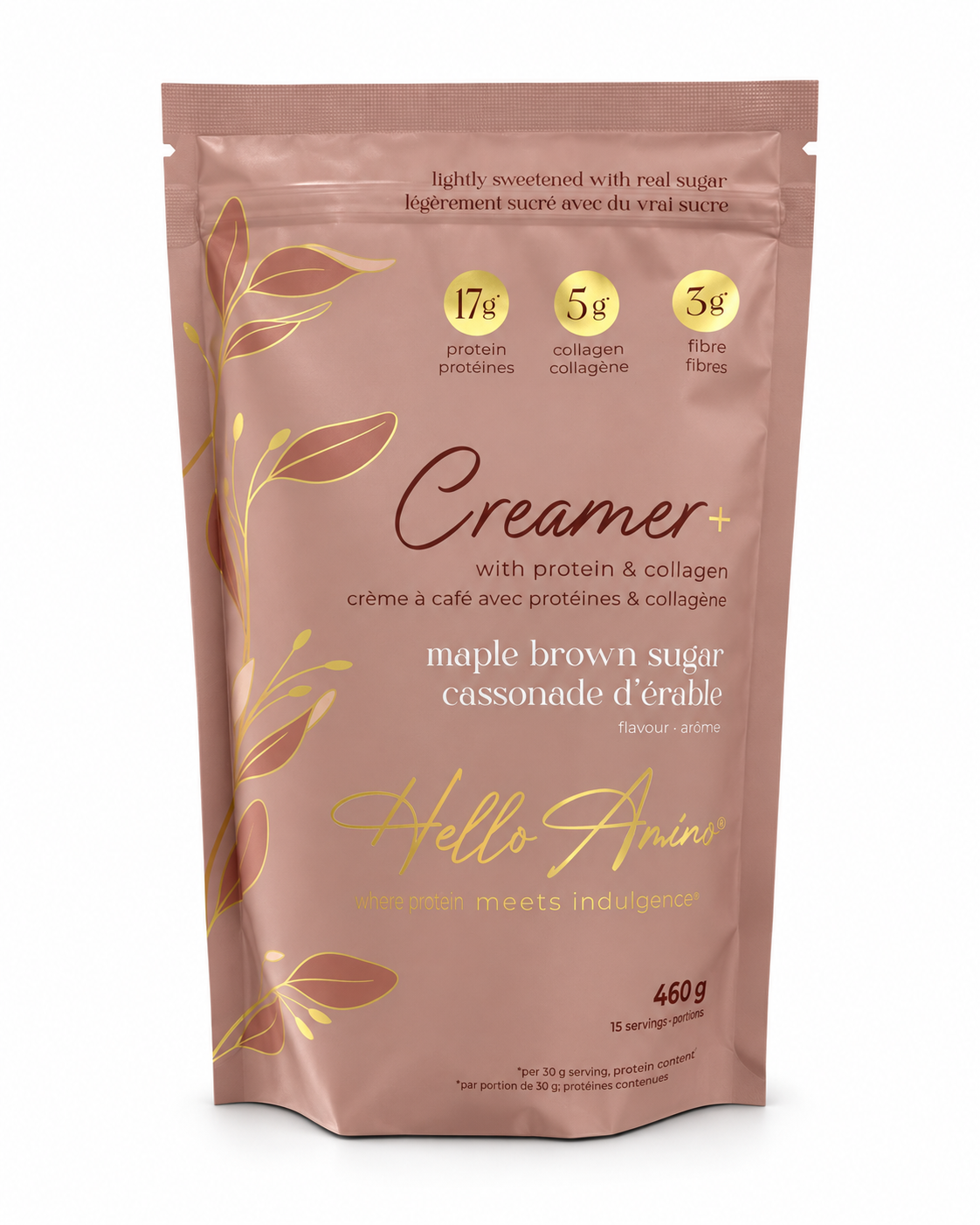 A stand-up pouch of Hello Amino Creamer+ maple brown sugar, featuring a dusty rose-brown background with gold leaf illustrations and yellow circular badges detailing protein, collagen, and fibre content.