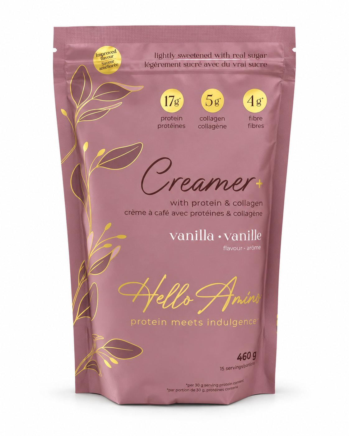 A stand-up pouch of Hello Anime Creamer+ vanilla protein powder. The packaging is a dusty mauve pink with elegant gold foil illustrations of leaves and text highlighting key ingredients and flavor.
