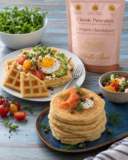 A styled breakfast scene showing a stack of HelloAmino Classic pancakes topped with salmon, white sauce, and dill on a blue plate, alongside a plated waffle with avocado, tomato, and egg. A pink bag of Hello Animo Classic Pancakes stands behind the food on a rustic blue wooden table with a bowl of greens and a small salad bowl.