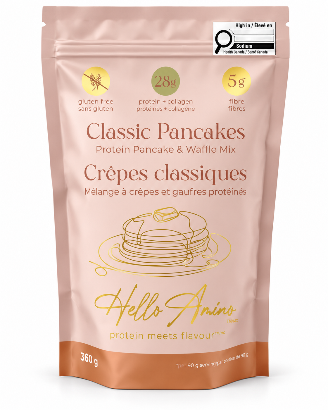 A stand-up pouch of Hello Amino Classic Pancakes Protein Pancake & Waffle Mix, shown against a plain white background. The packaging is a dusty peach-pink color with gold and green accents, featuring a stack of pancakes illustration and a High in Protein Canada seal.