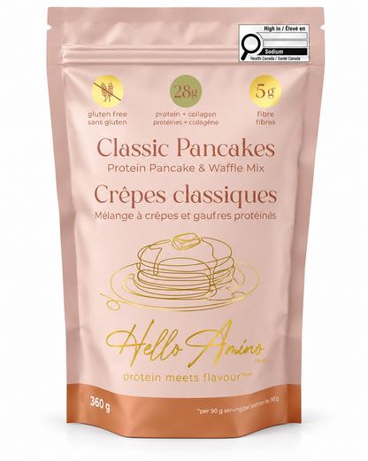 A stand-up pouch of Hello Amino Classic Pancakes Protein Pancake & Waffle Mix, shown against a plain white background. The packaging is a dusty peach-pink color with gold and green accents, featuring a stack of pancakes illustration and a High in Protein Canada seal.