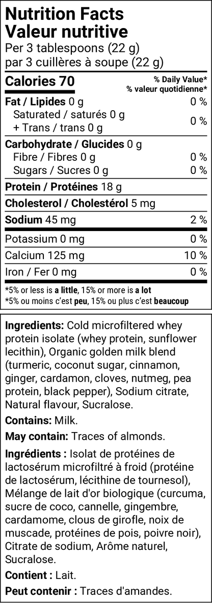 A black-and-white Nutrition Facts label in French and English, showing calories, nutrients, ingredients, and allergen information for a milk-based protein powder product.