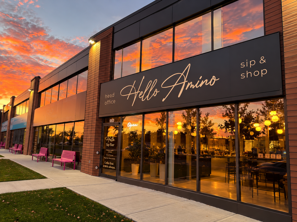 HelloAmino Protein Sip Bar storefront in Calgary