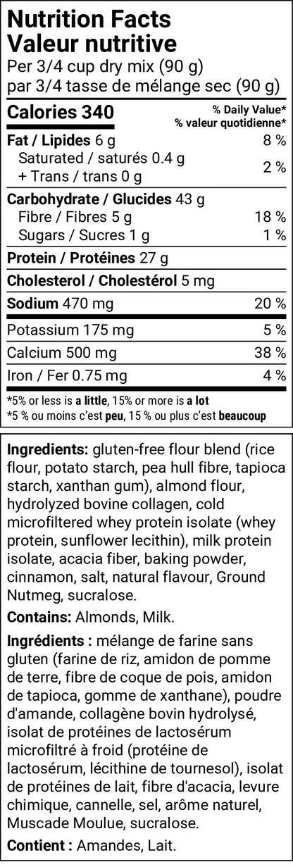 A vertical Nutrition Facts label for holiday spice pancakes showing nutritional information and ingredients for a gluten-free flour blend. The label details calories, fats, proteins, carbohydrates, and lists ingredients such as rice flour, potato starch, pea flour, and honeyvee collagen.