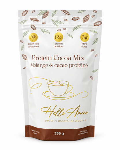 A stand-up pouch of Hello Amino Protein Cocoa Mix on a plain white background. The packaging is primarily white with brown and gold accents, featuring illustrations of cocoa beans, a cup graphic, and text highlighting key product attributes like gluten free, 12g protein, and 3g fibre.