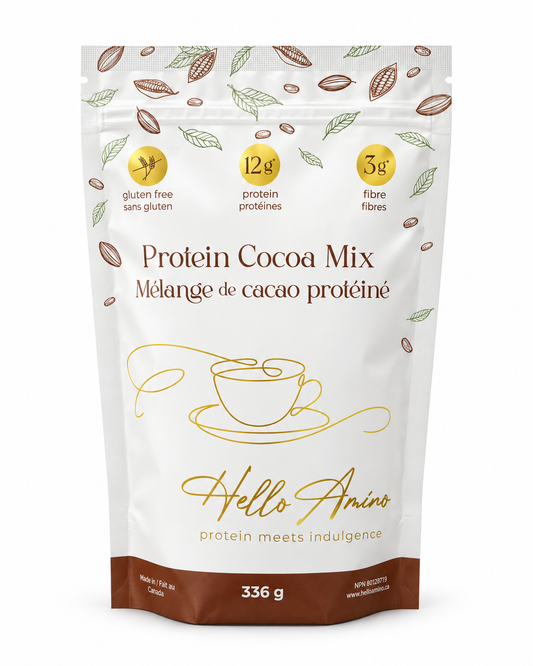 A stand-up pouch of Hello Amino Protein Cocoa Mix on a plain white background. The packaging is primarily white with brown and gold accents, featuring illustrations of cocoa beans, a cup graphic, and text highlighting key product attributes like gluten free, 12g protein, and 3g fibre.