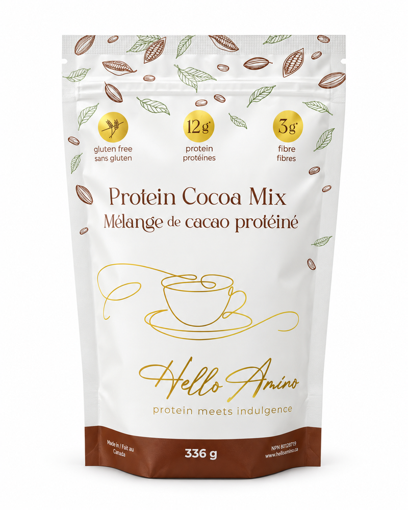 A stand-up pouch of Hello Amino Protein Cocoa Mix on a plain white background. The packaging is primarily white with brown and gold accents, featuring illustrations of cocoa beans, a cup graphic, and text highlighting key product attributes like gluten free, 12g protein, and 3g fibre.