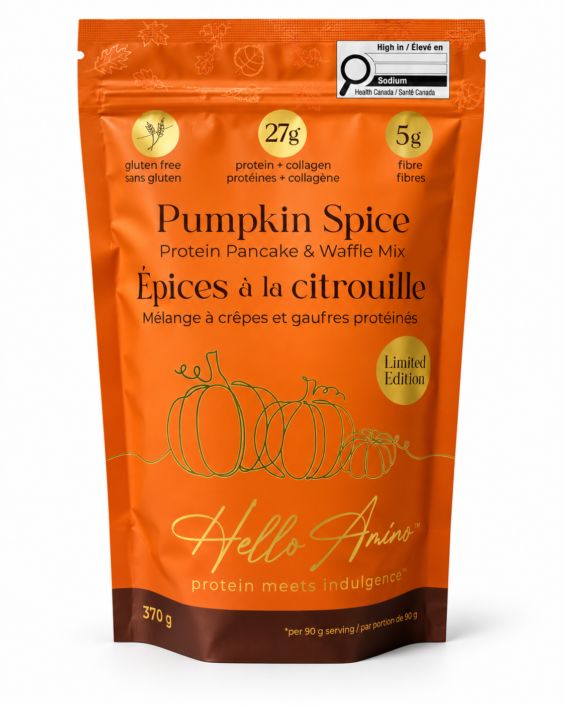 A 370g stand-up pouch of Hello Amino Pumpkin Spice Protein Pancake & Waffle Mix. The packaging is bright orange with gold and brown accents, featuring illustrations of pumpkins and text detailing its protein content and gluten-free status.