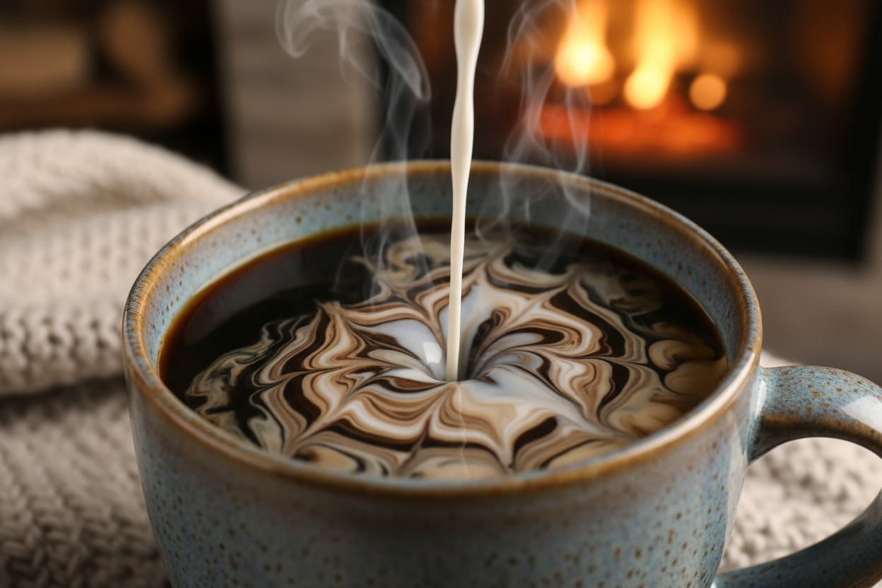 coffee in a mug with creamer in it